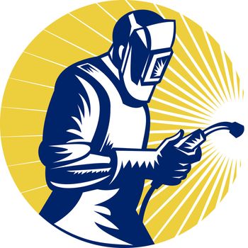 retro style illustration of a welder at work with torch viewed from side set inside circle

