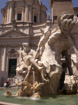 Detail of the river god Ganges on Bernini's Fountain of the Four Rivers (Fontana dei Quattro Fiumi) in Piazza Navona, Rome, Italy