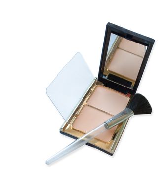 two-tone face powder compact with mirror and brush makeup