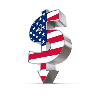 dollar sign made of solid metal with arrow down stands on white ground - united states flag as front texture