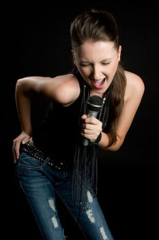 Beautiful woman singing microphone karaoke