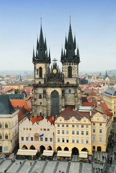 View of Old Town Square with its dominant Church of Our Lady before Tyn. It is the most remarkable Gothic church with a Baroque interior in Prague.