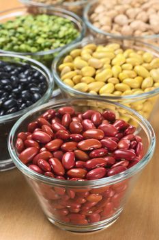 Kidney beans and other legumes (black beans, canary beans, split peas, chickpeas) in glass bowls (Selective Focus, Focus one third into the kidney beans) 