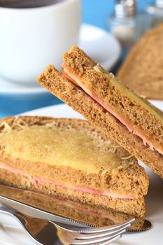 Croque Monsieur. Baked wholewheat bread sandwich filled with ham and cheese and grated cheese on top cut into two halves lying upon each other (Selective Focus, Focus on the edge of the upper half)