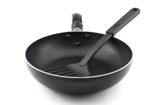 Pan with handle and Spade of frying pan on white background