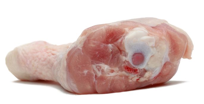 Closeup image of a raw drumstick photographed in a studio against a white background with shadows.