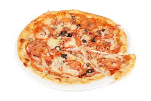 meat pizza closeup with carbonado ham, tomato, olive and mozzarella cheese