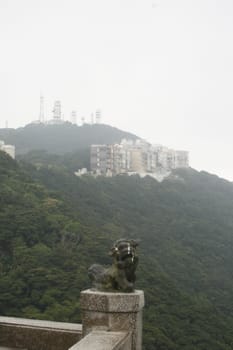 View from the Peak in Hong Kong in the area with stone lion in the foreground