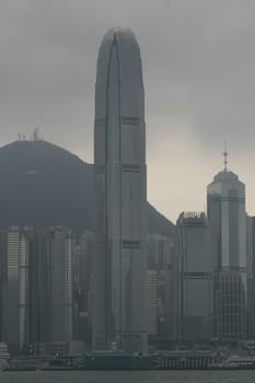 Skyscraper in Hong Kong skyline as seen from the Star Avenue in Background the Peak