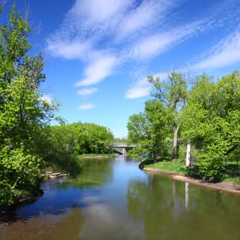 Beautiful blue skies on a spring day along the Kishwaukee River of Illinois.