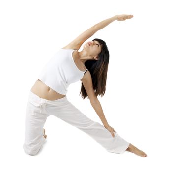 Woman in yoga, gate Pose, isolated on white.