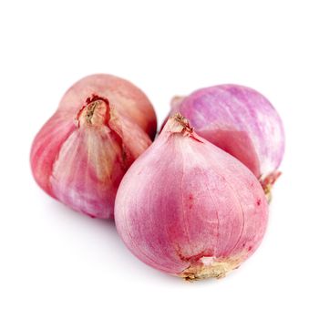 Close up whole shallots on white background.