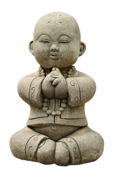 Funny traditional Thai garden sculpture in meditation. Isolated over white.