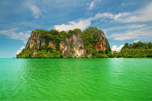 High cliffs on the tropical island. Exotic tropical landscape.