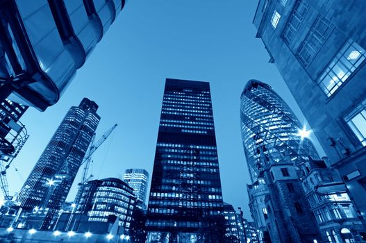 Skyscrapers in City of London,( Lloyds of London, Tower 42, Aviva and the Gherkin)