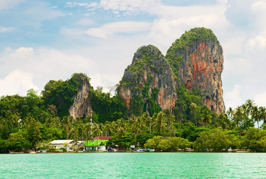 High cliffs on the tropical island. Exotic tropical landscape.