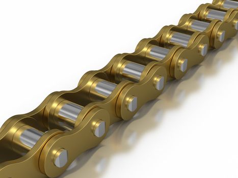 Gold bicyle chain with reflection.
