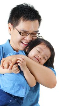 Happy father and daughter on white background