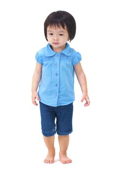 Full body of little Asian girl walking on white background