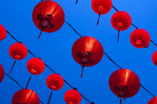 Red lanterns display at Buddhism temple. Red is lucky colour for Chinese.