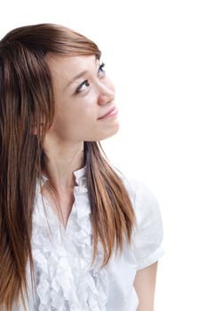 Young Asian woman looking at side, on white background