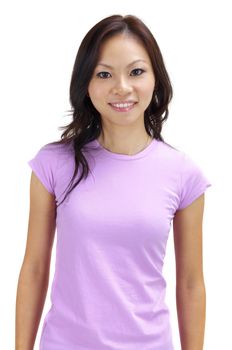 Young Asian woman smiling on white background