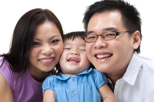 Happy Asian family on white background