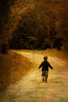 Alone in forest - vintage picture of a young child