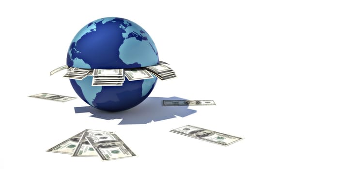 3d Earth with 100 dollars bills on white background