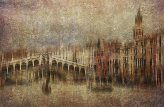 Postcard from Venice - Italy.  Grand Canal with the famous Rialto Bridge i the background. More of my images worked together to reflect decay and time.
