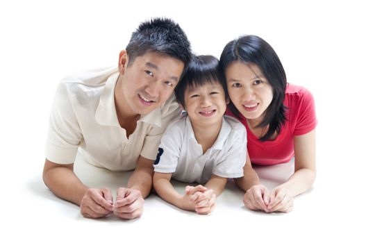 Happy Asian family on white background