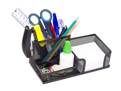 black iron stand with clerical office supplies