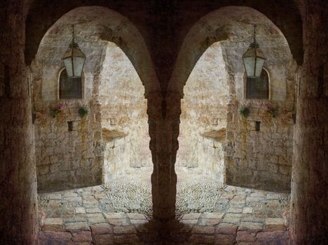 Retro postcard from Dubrovnik - twin fantasy arches. Several of my photos worked together to reflect time and age.