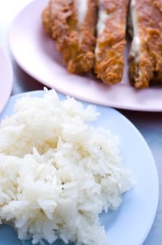 Native Thai style of Sticky rice in the blue plate