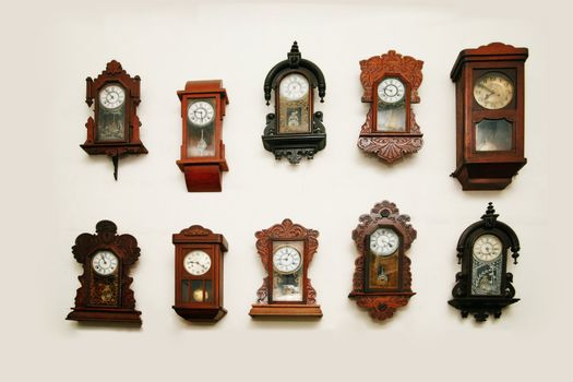 Old vintage clocks on a wall