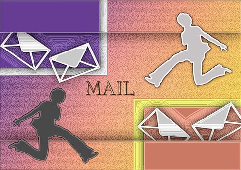 great creative abstract color rich textured symbolic image of the movement of mail in the form of two moving postmen and inscriptions MAIL.