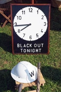 Black Out sign from the Second World War outside a wardens tent