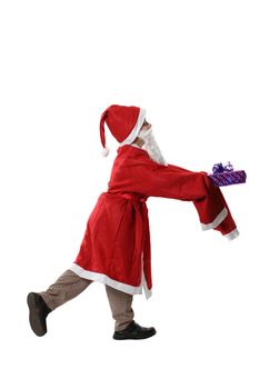 The boy in a cap Santa with a gift on a white background