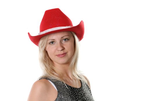 The young woman in a red cowboy's hat on a white background