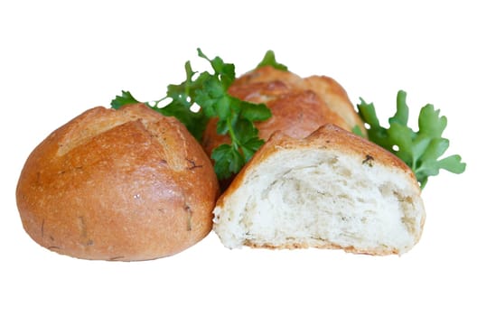 Fresh bun with spring onions on white background