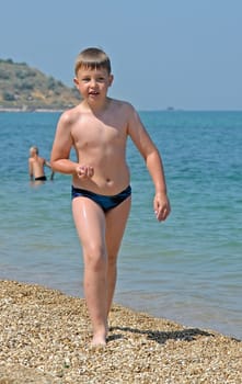 The little boy goes on a beach