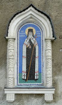 Fresco on a wall of a mountain monastery with the image orthodox sacred