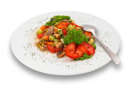 mixed mushroom and fresh vegetables salad served on plate with spoon. isolated.