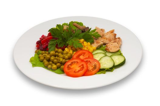 mixed vegetable, mushroom and meat salad, isolated