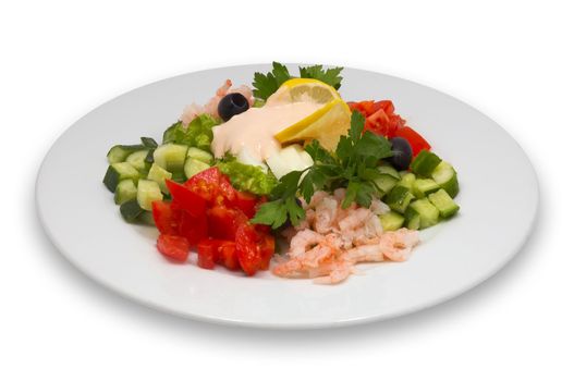 shrimp salad with fresh vegetables, lemon and olives, isolated