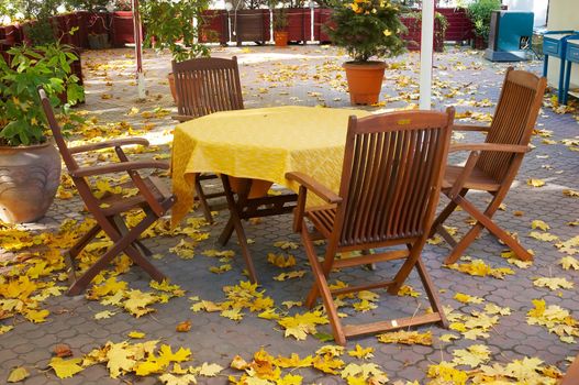 empty terrace restaurant table, yellow leaves on the floor