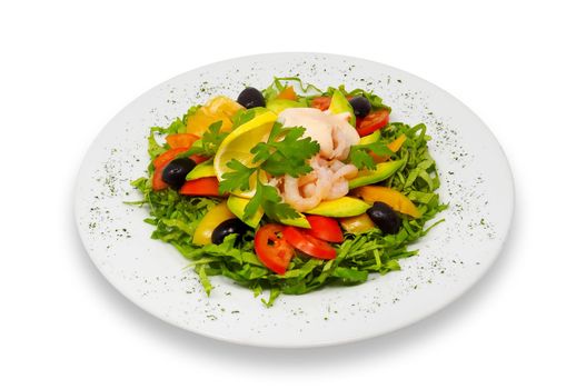 shrimp and fresh vegeables salad with avocado and rose sauce