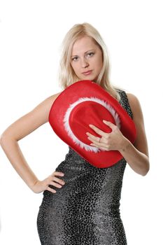 The blond girl in a black dress and with a red hat