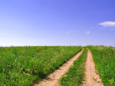 aging rural road on green field