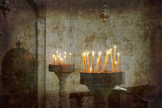 Candles in catholic church. Postcard from Montenegro. Several of my photos worked together to reflect age and time.